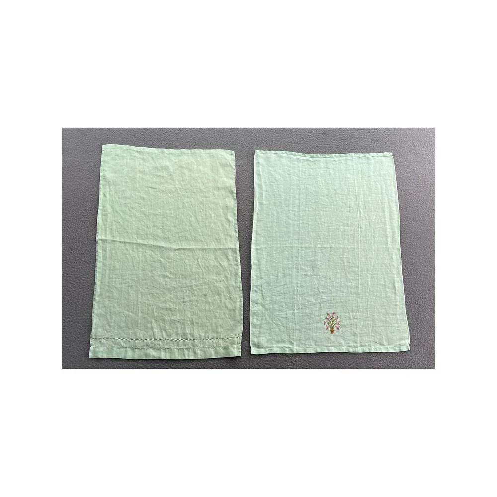 Vintage Light Green Linen Hand Towels Set of 2 Embroidered Floral Hemstitch